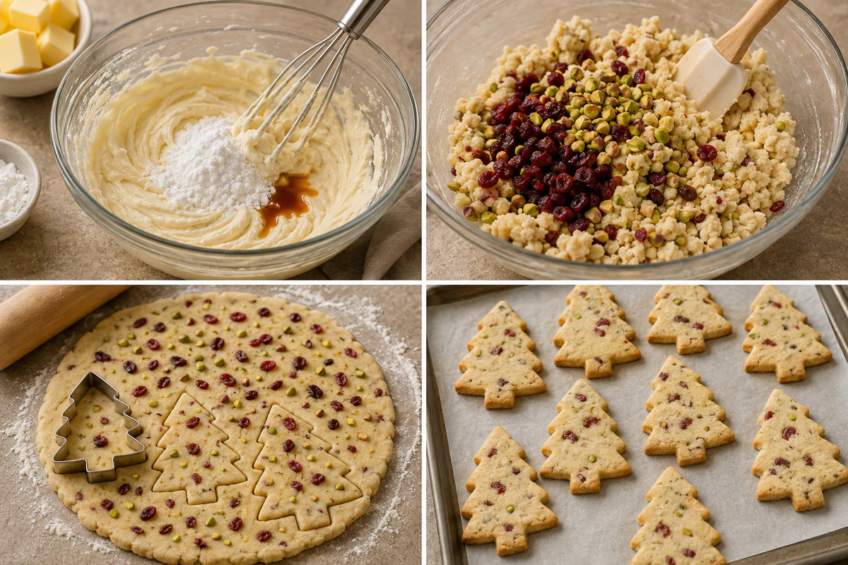 Four stages showing creamed butter, cranberry pistachio dough, tree shapes being cut, and baked cookies