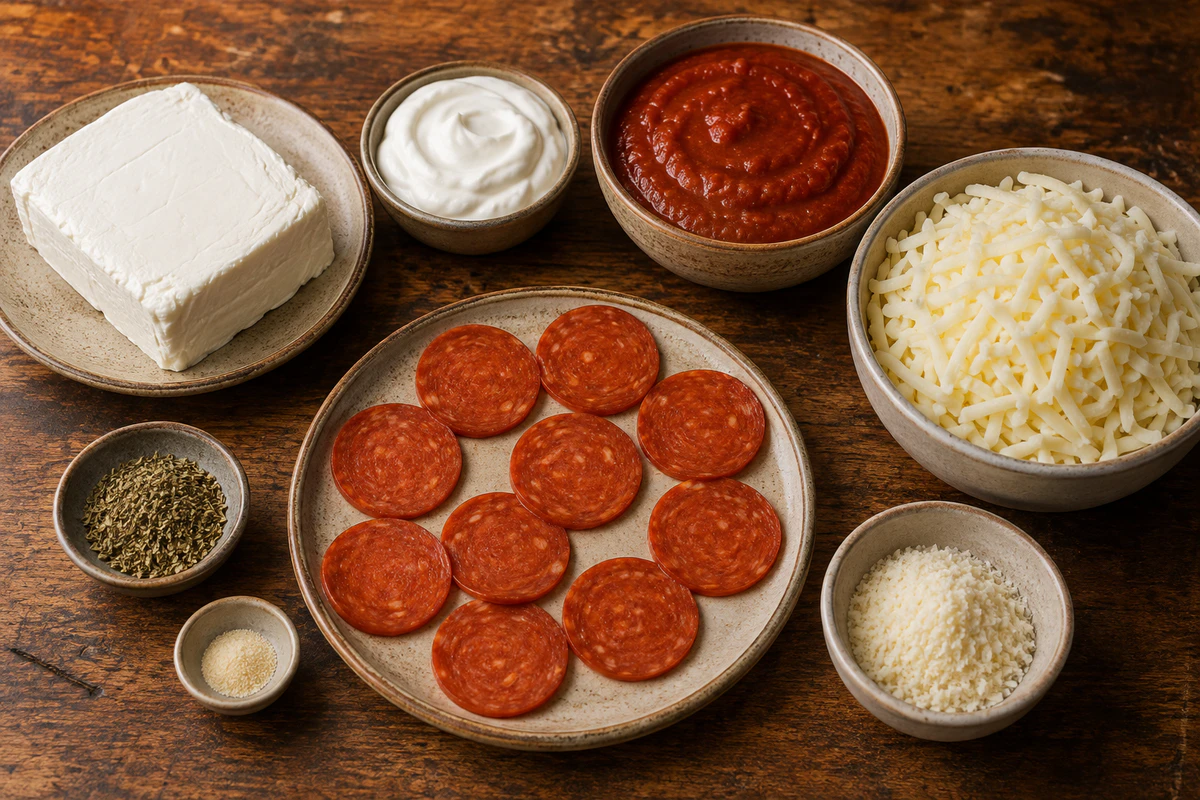 Cream cheese, sour cream, seasonings, pizza sauce, mozzarella, Parmesan, and pepperoni