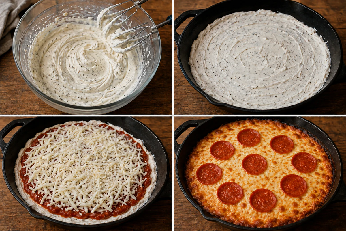 Four stages showing the creamy base mixed and layered with pizza sauce, cheese, and pepperoni