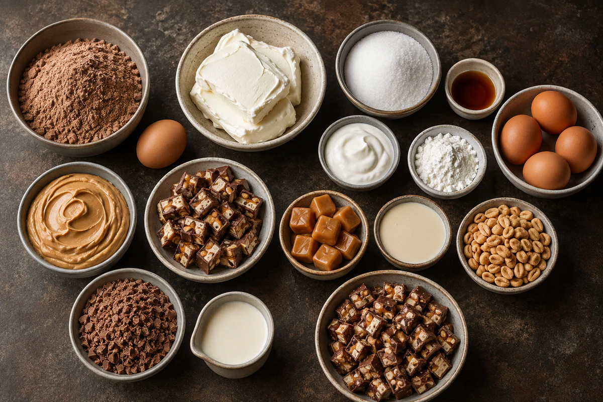 Brownie mix, cream cheese, peanut butter, candy, caramel, peanuts, chocolate, cream, eggs, and sugar