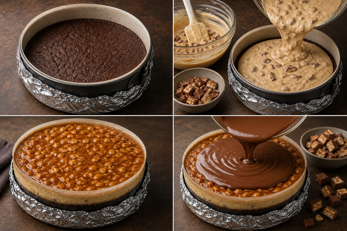 Four stages showing brownie crust, peanut butter filling, caramel peanuts, and chocolate ganache