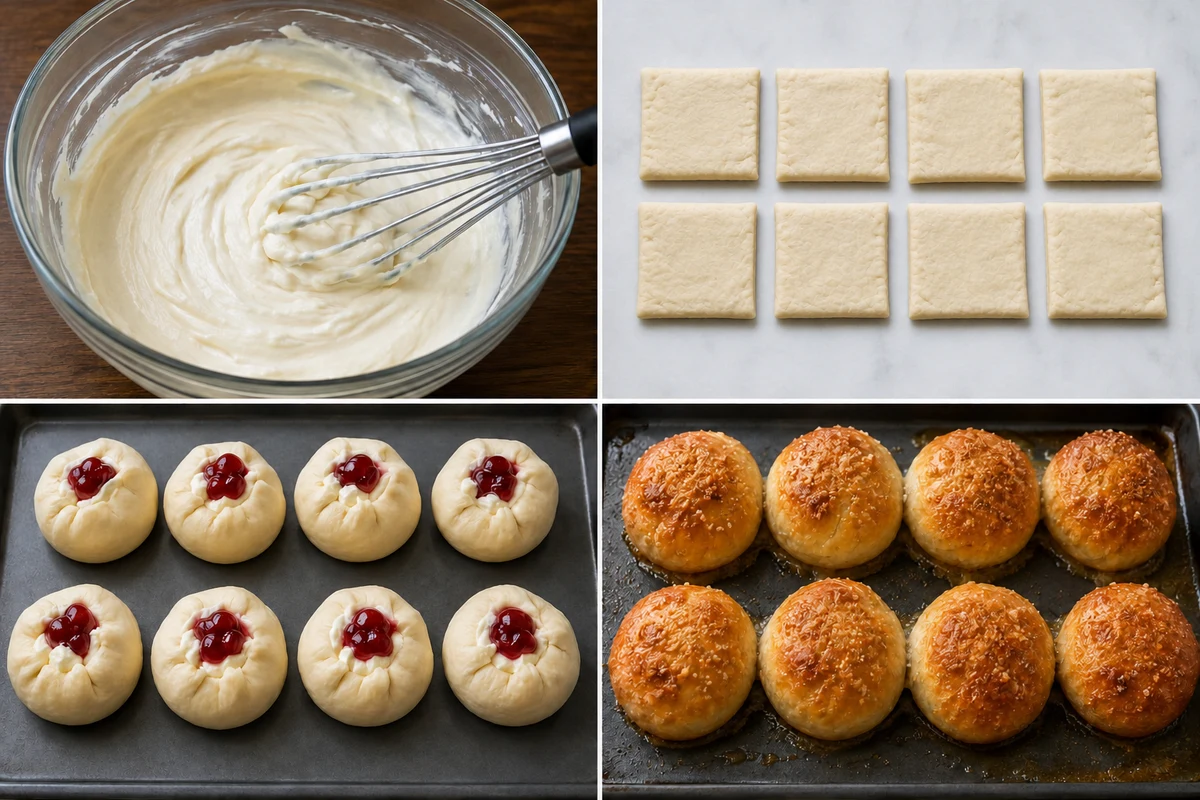 Four stages showing cheesecake filling, eight dough squares, eight filled dough balls, and eight baked muffins
