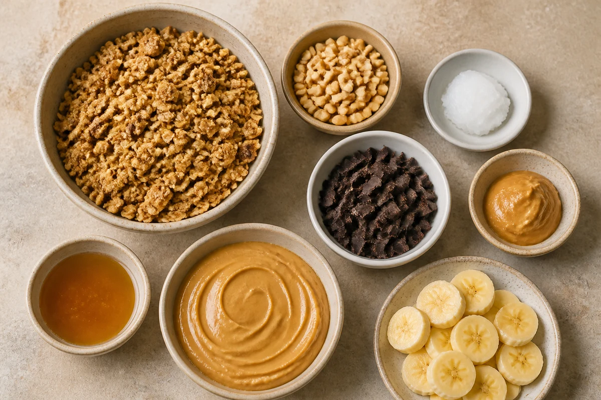 Honey granola, chopped peanuts, coconut oil, dark chocolate, honey, peanut butter, and optional banana slices