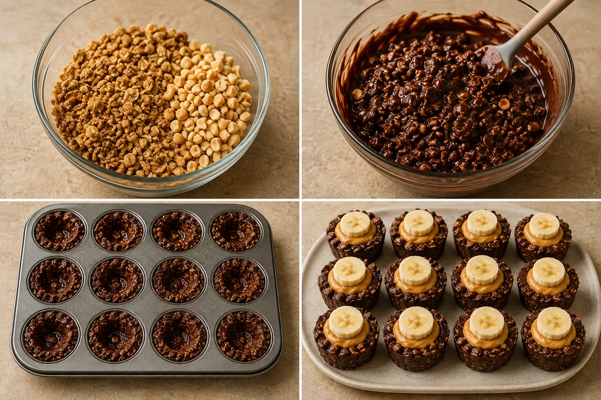 Four stages showing chocolate granola mixture, shaped muffin-pan cups, peanut butter filling, and twelve finished cups