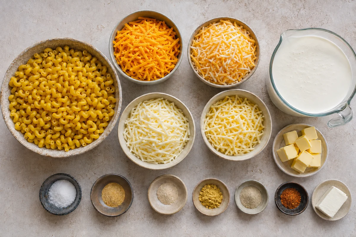 Cavatappi, four shredded cheeses, heavy cream, butter, cream cheese, and measured seasonings