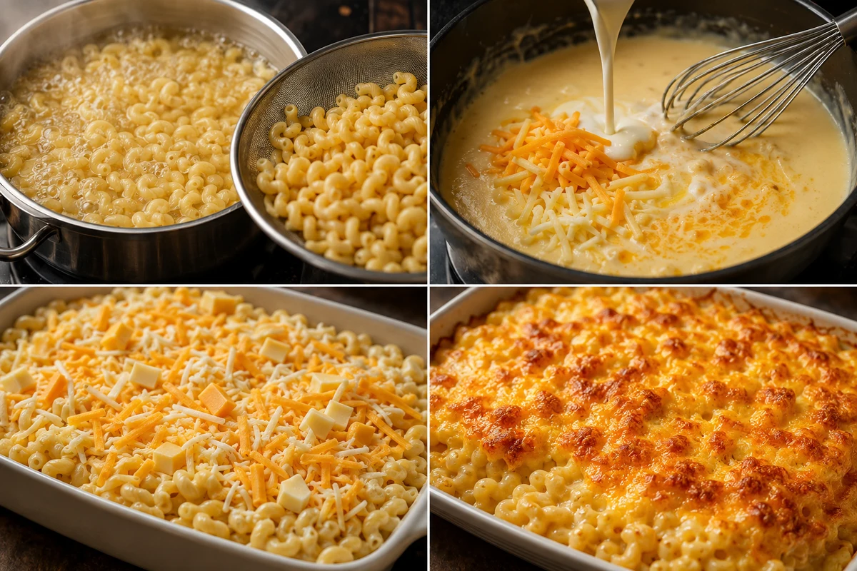 Four stages showing pasta cooking, low-heat cheese sauce, layered macaroni, and bubbly broiled mac and cheese