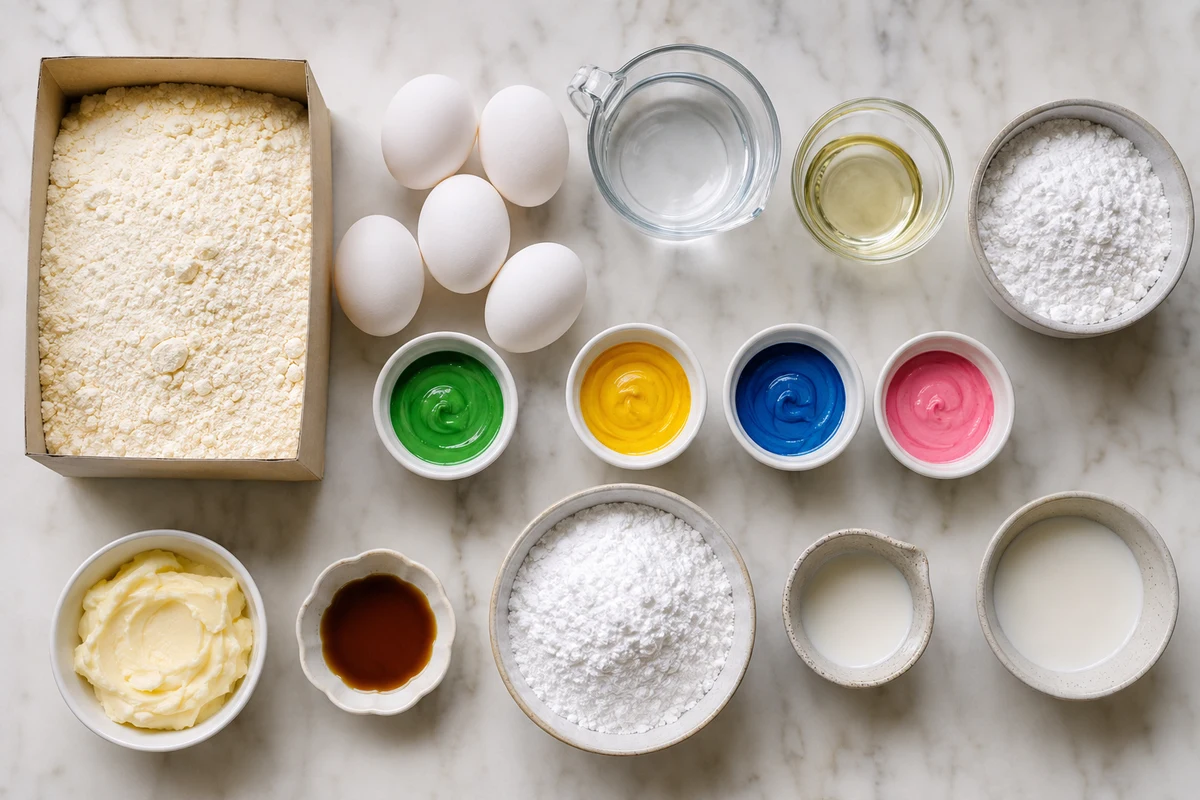 Vanilla cake mix, eggs, water, oil, four gel colors, powdered sugar, butter, vanilla, and milk