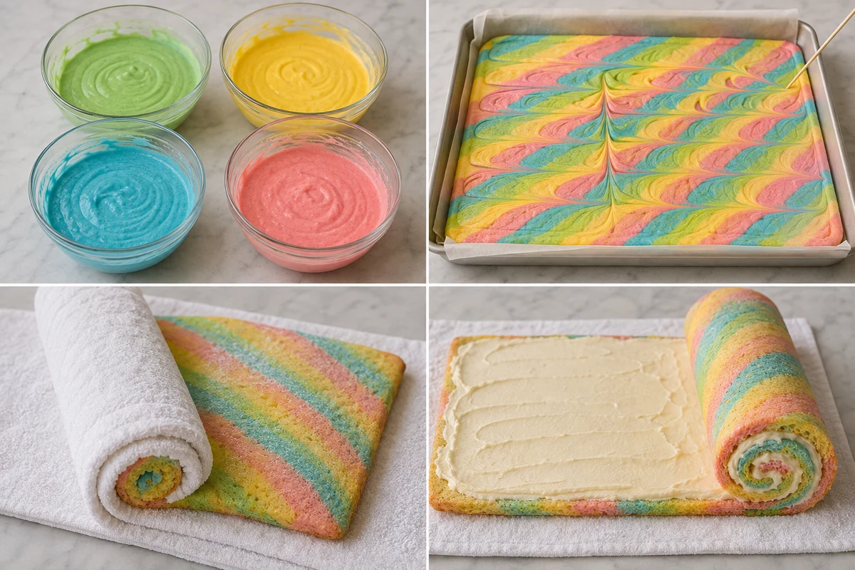 Four stages showing colored batter, striped cake pan, towel-rolled cake, and buttercream-filled reroll