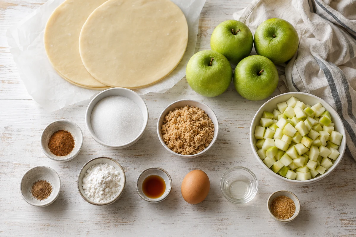 Pie crusts, Granny Smith apples, two sugars, cinnamon, nutmeg, flour, vanilla, egg, water, and sanding sugar