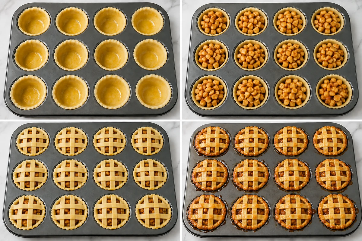Four stages showing twelve pastry cups, apple filling, six-strip lattice tops, and twelve baked mini pies