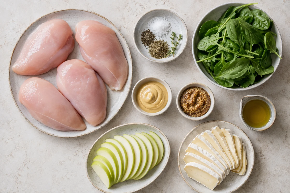 Four chicken breasts, green apple, Brie, greens, two mustards, thyme, seasonings, and olive oil