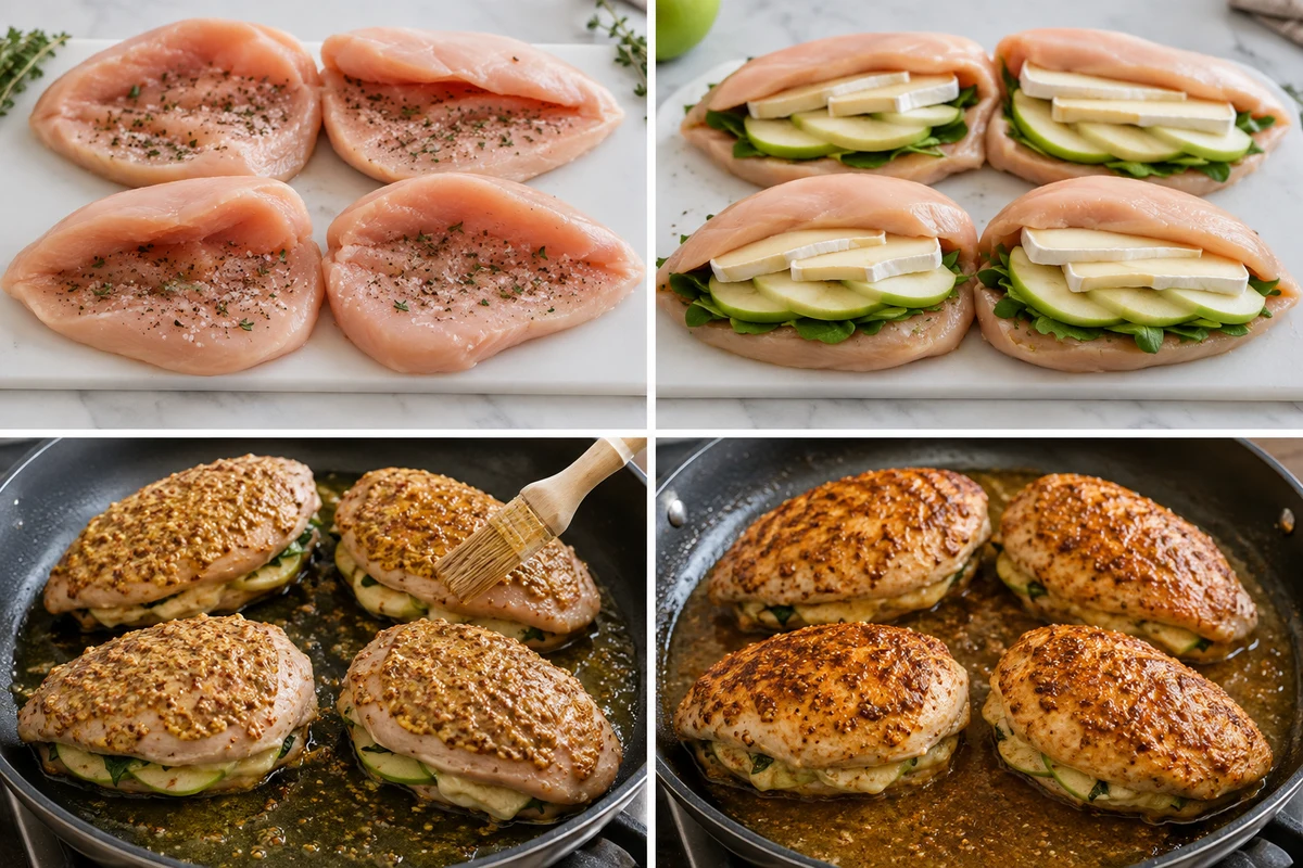 Four stages showing butterflied chicken, apple and Brie filling, mustard searing, and covered skillet cooking