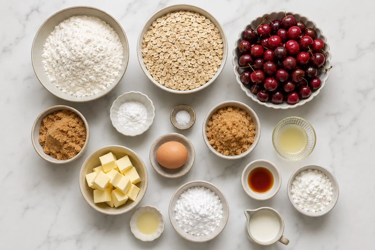 Flour, oats, brown sugar, cold butter, egg, cherries, starch, lemon, vanilla, powdered sugar, and milk