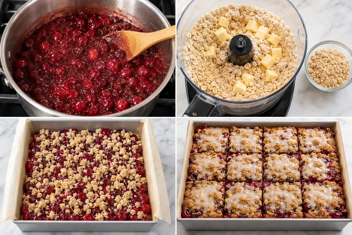 Four stages showing thickened cherry filling, oat crumbs, assembled pan, and twelve glazed cherry bars