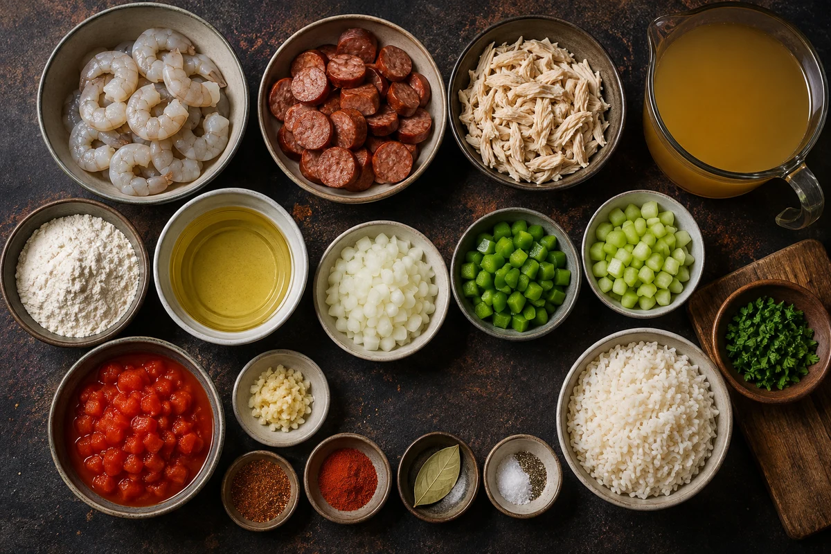 Shrimp, smoked sausage, shredded chicken, roux ingredients, vegetables, broth, tomatoes, spices, rice, and parsley