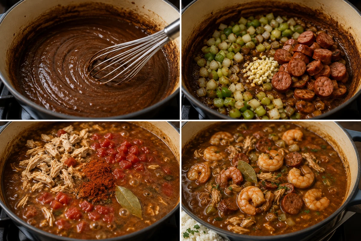 Four stages showing dark roux, vegetables and sausage, long gumbo simmer, and shrimp added at the end