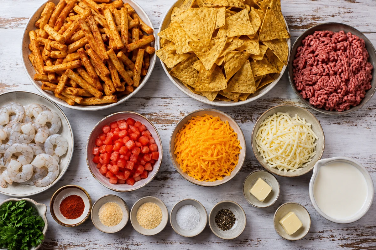 Seasoned fries, tortilla chips, ground beef, shrimp, tomato, cheeses, cream, butter, spices, and parsley