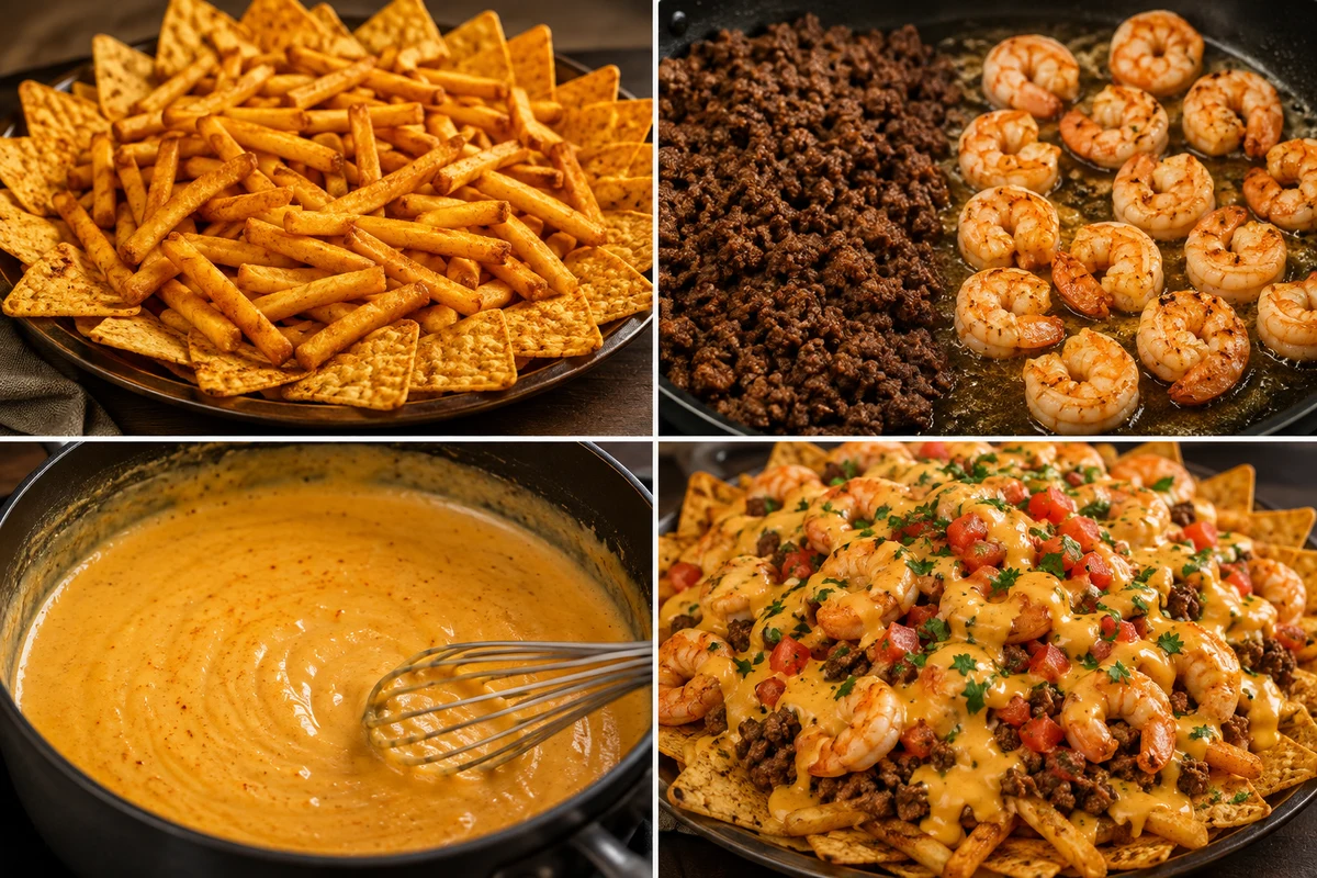 Four stages showing fries and chips, seasoned beef and shrimp, smooth cheese sauce, and assembled nacho fries