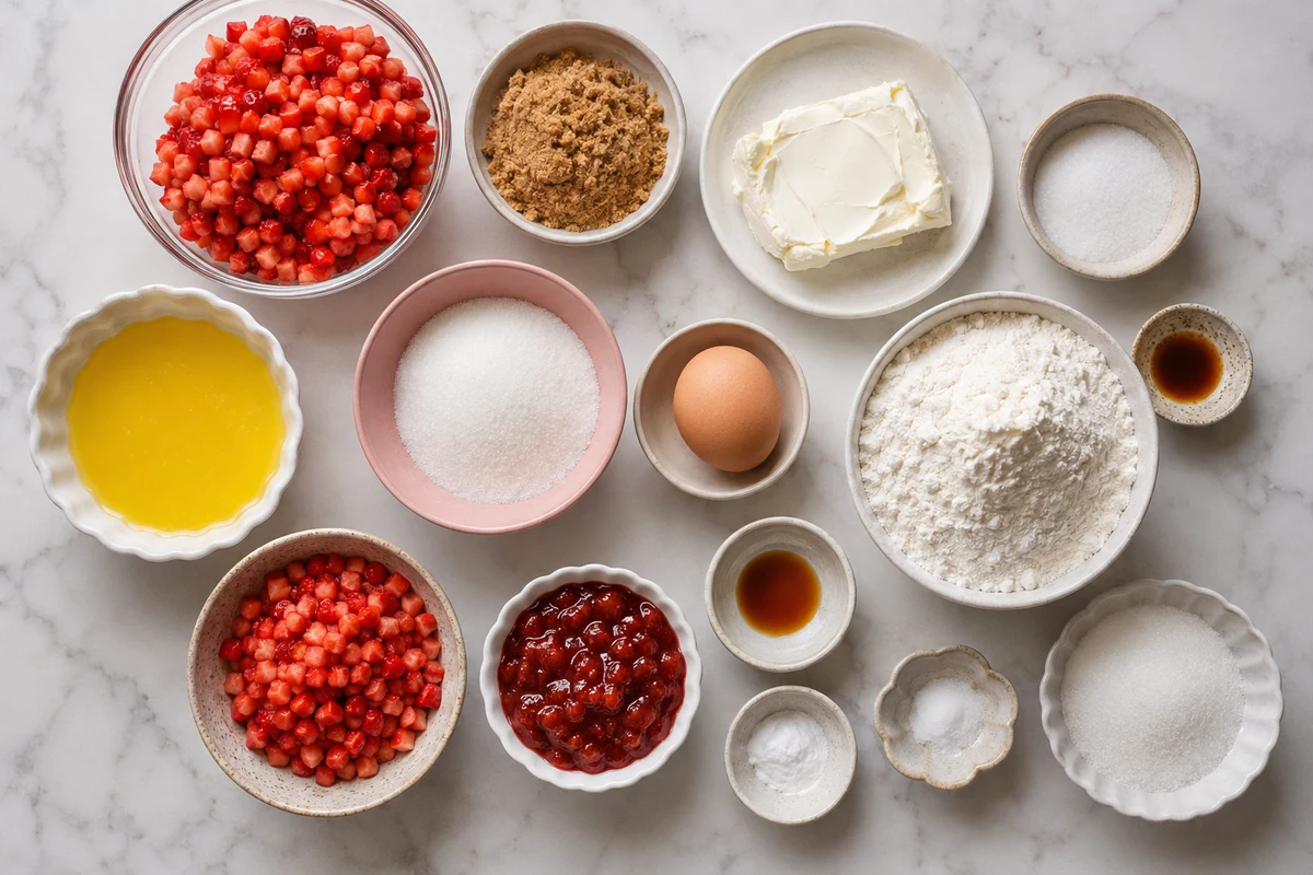 Fresh strawberries, sugars, cream cheese, butter, egg, vanilla, flour, leaveners, salt, and strawberry jam
