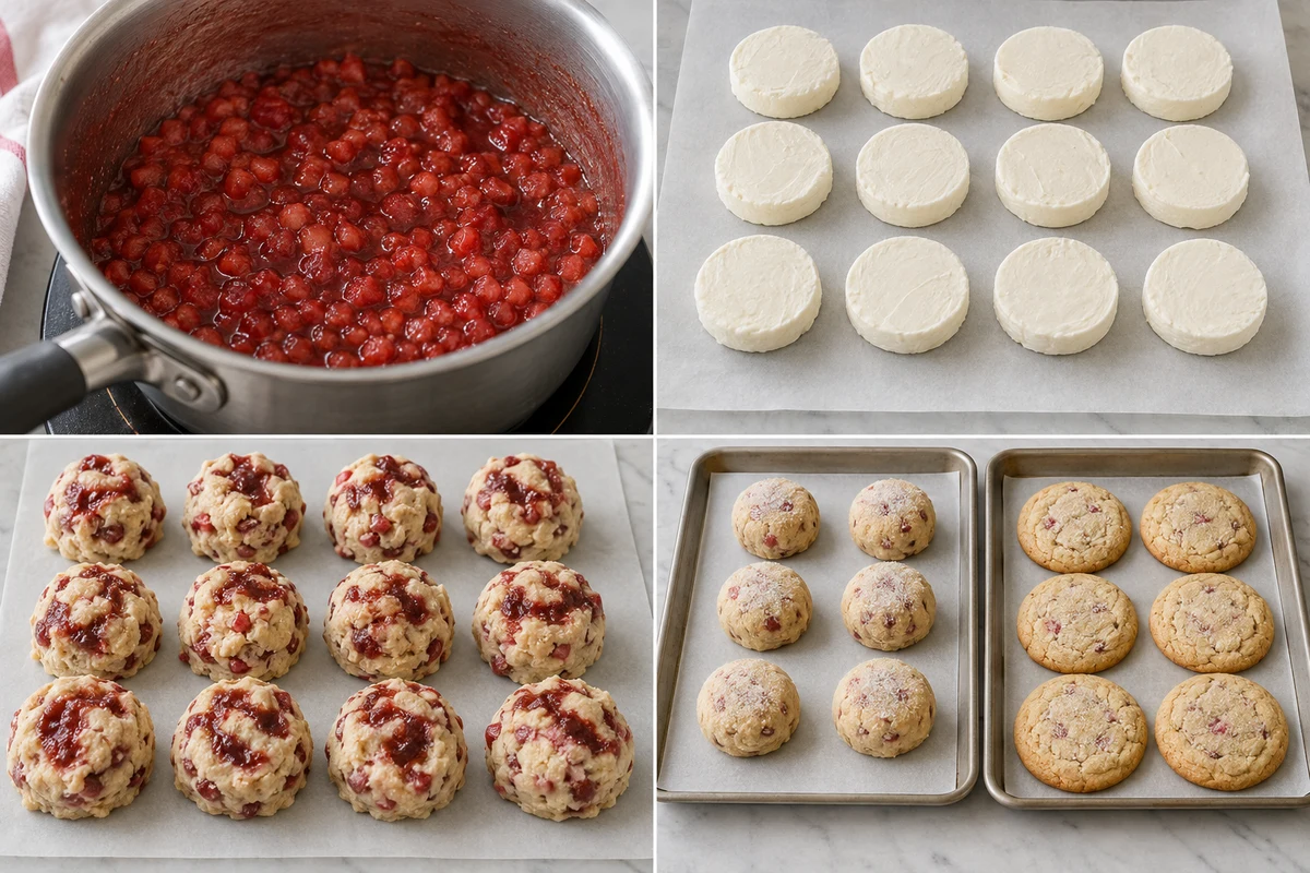 Four stages showing strawberry jam, twelve frozen cheesecake discs, swirled dough portions, and baked cookies
