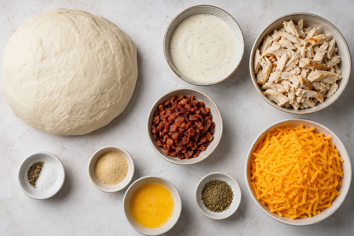 Pizza dough, ranch dressing, shredded chicken, bacon, cheddar, seasonings, and beaten egg