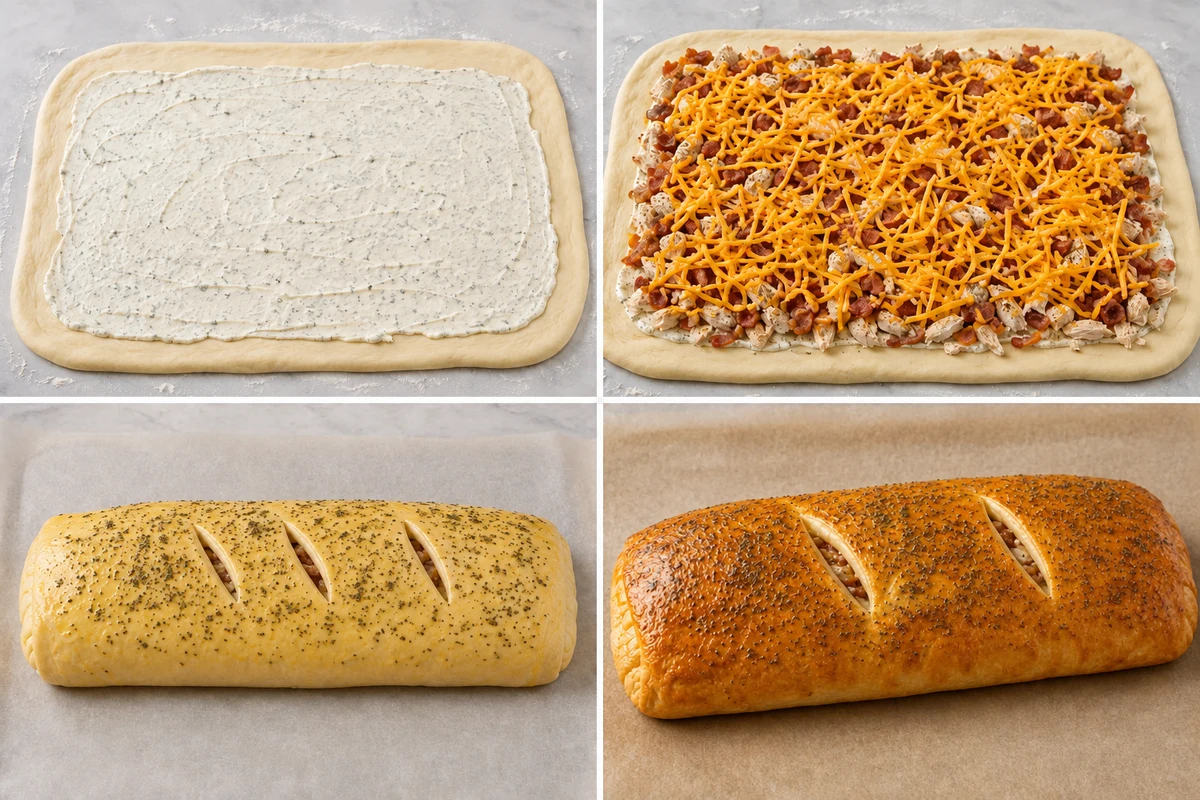 Four stages showing ranch-covered dough, chicken bacon cheddar layers, rolled vented loaf, and baked Stromboli