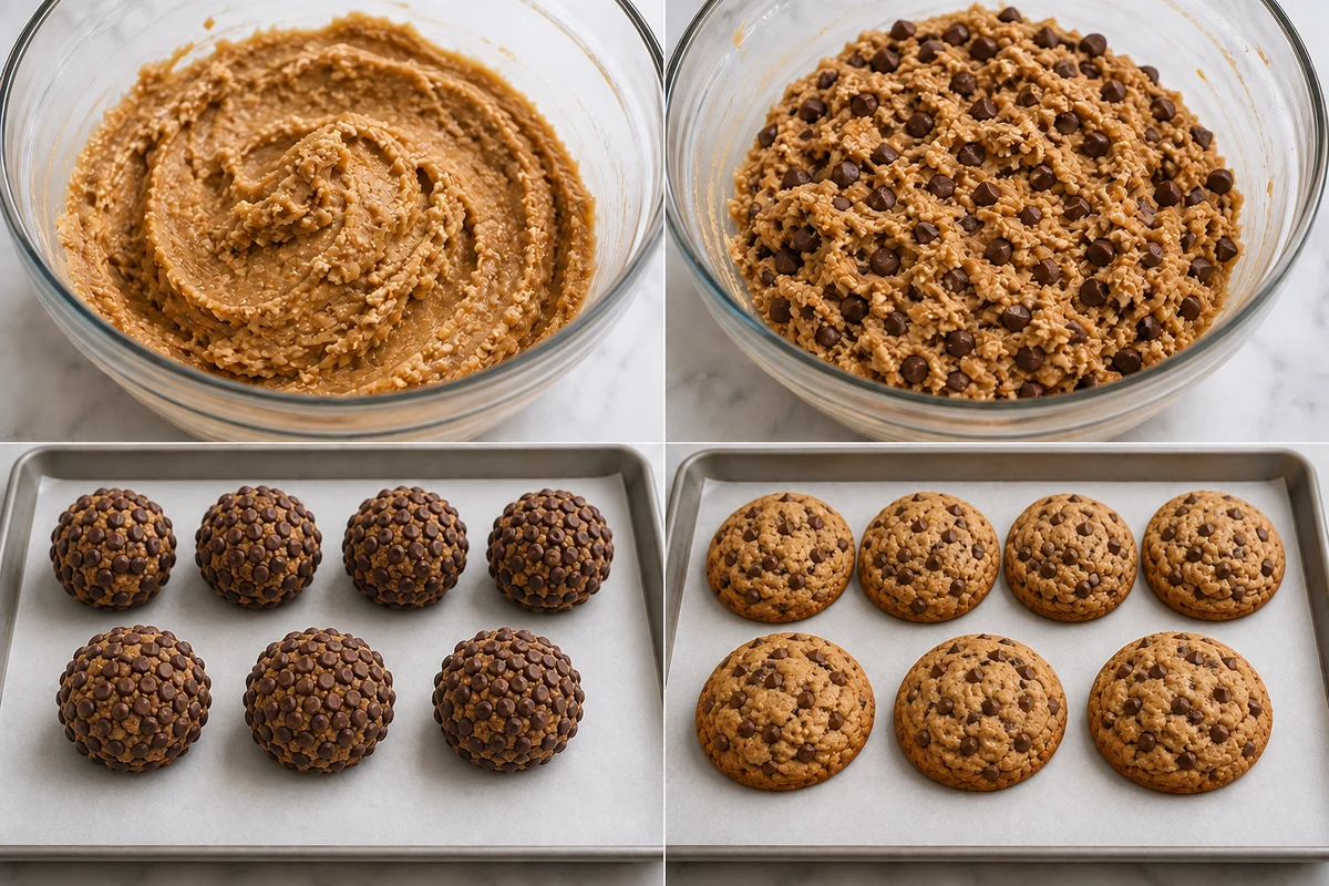 Four stages showing mixed dough, folded chocolate chips, seven coated portions, and seven baked cookie bombs