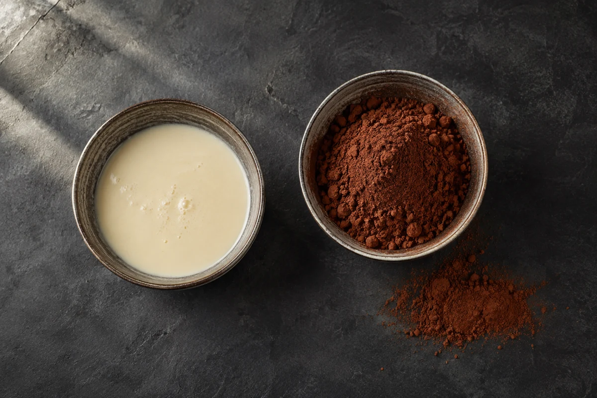 Sweetened condensed coconut milk and dark cacao powder for two-ingredient truffles