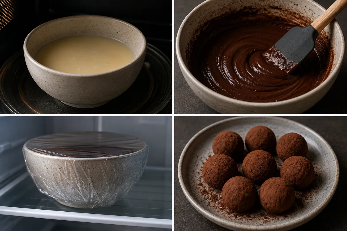 Four stages showing warmed coconut milk, smooth cacao mixture, refrigerator chilling, and eight coated truffles