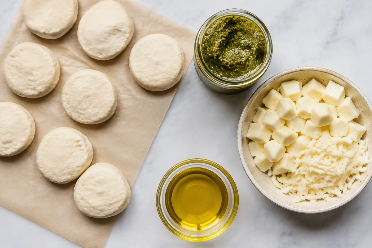 Eight mini pizza crust portions, premade pesto, mozzarella cheese, and olive oil
