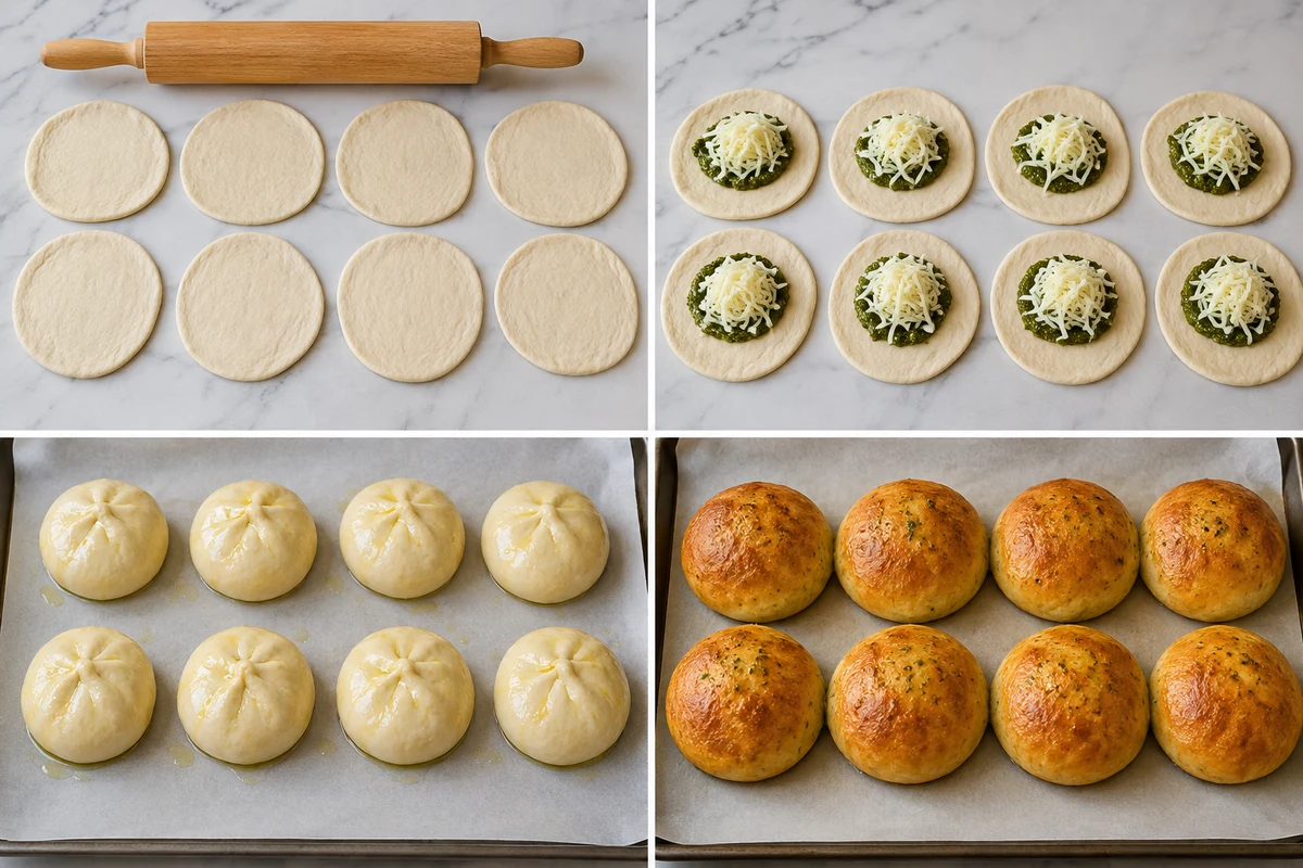 Four stages showing eight rolled dough pieces, pesto and mozzarella filling, sealed oiled parcels, and eight baked bombs