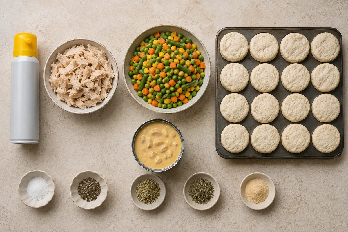 Rotisserie chicken, mixed vegetables, sixteen biscuits, cream of chicken soup, cooking spray, herbs, and seasonings