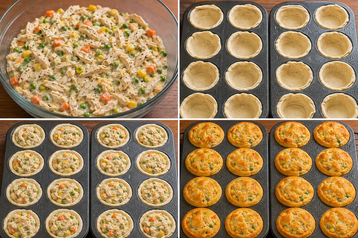 Four stages showing chicken filling, sixteen biscuit cups, filled muffin tins, and sixteen golden pot pies