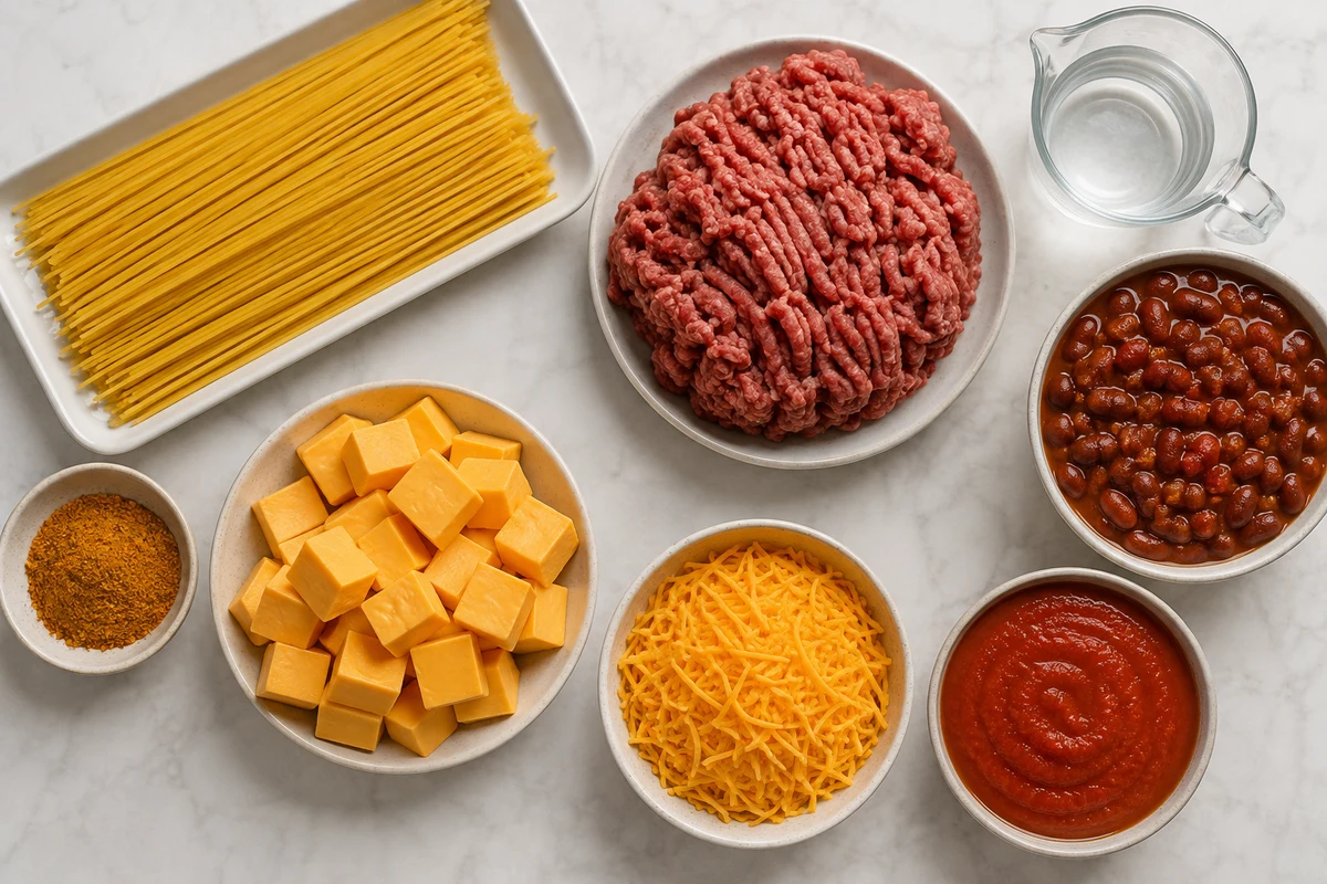 Spaghetti, ground beef, taco seasoning, chili beans, tomato sauce, Velveeta, and shredded cheese