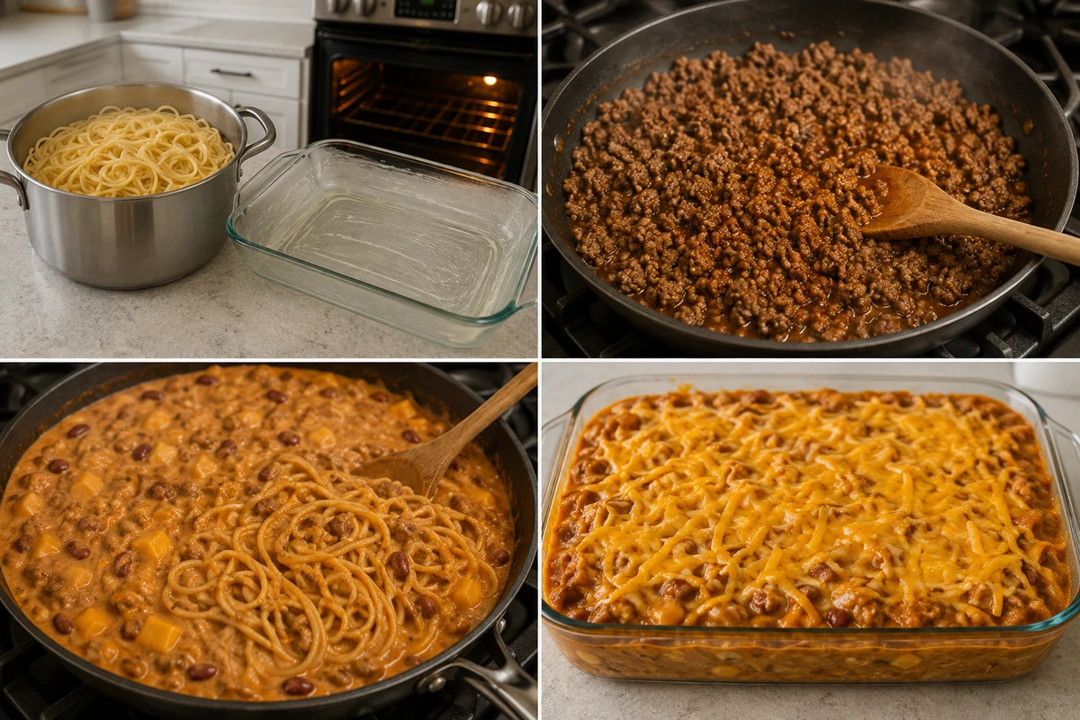 Four stages showing cooked spaghetti, seasoned beef, cheesy taco sauce, and baked casserole