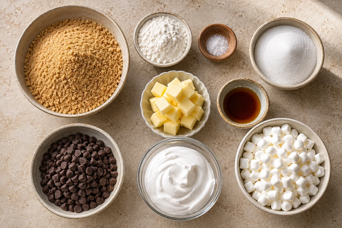Graham crumbs, flour, salt, sugar, butter, vanilla, chocolate chips, marshmallow cream, and mini marshmallows