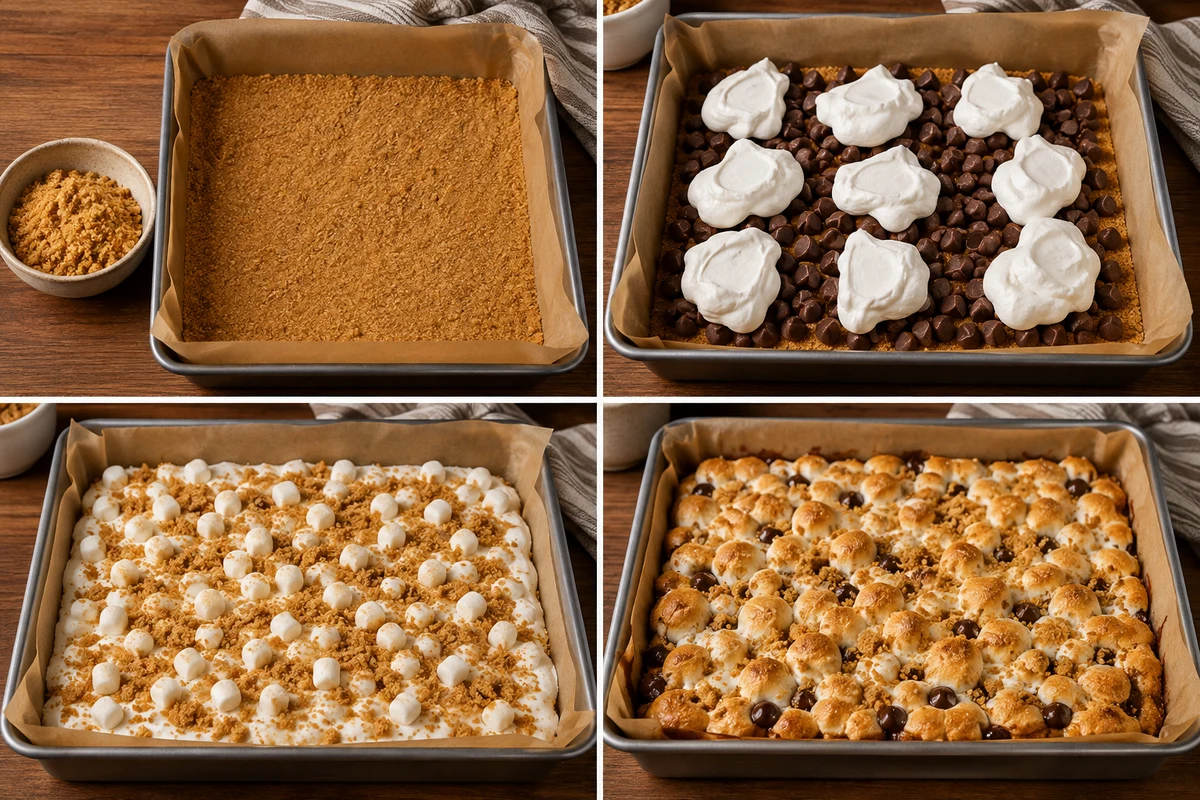 Four stages showing graham base, chocolate and marshmallow layers, crumble topping, and baked s'mores slab