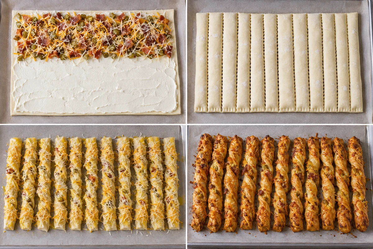 Four stages showing filled pastry folded, cut, twisted, and baked into cheese straws