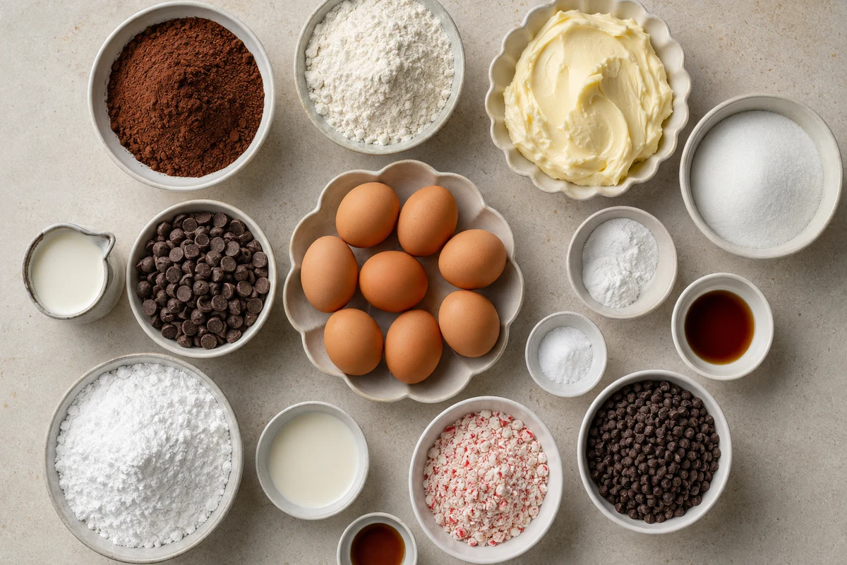 Cocoa, flour, butter, sugar, eggs, cream, chocolate chips, and peppermint candy