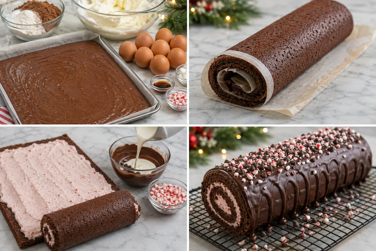 Four stages showing chocolate sheet cake rolled, filled, and covered with peppermint ganache toppings