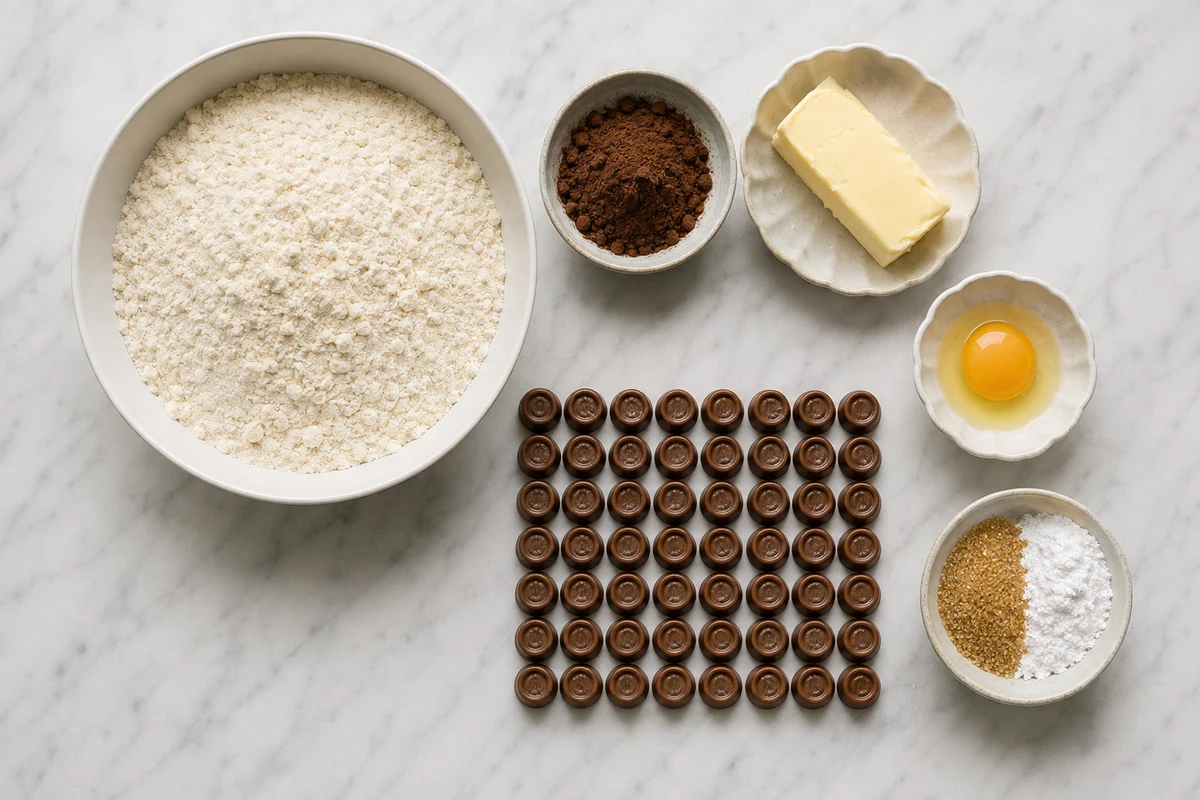 Sugar cookie mix, cocoa, butter, egg, and 48 unwrapped Rolo candies