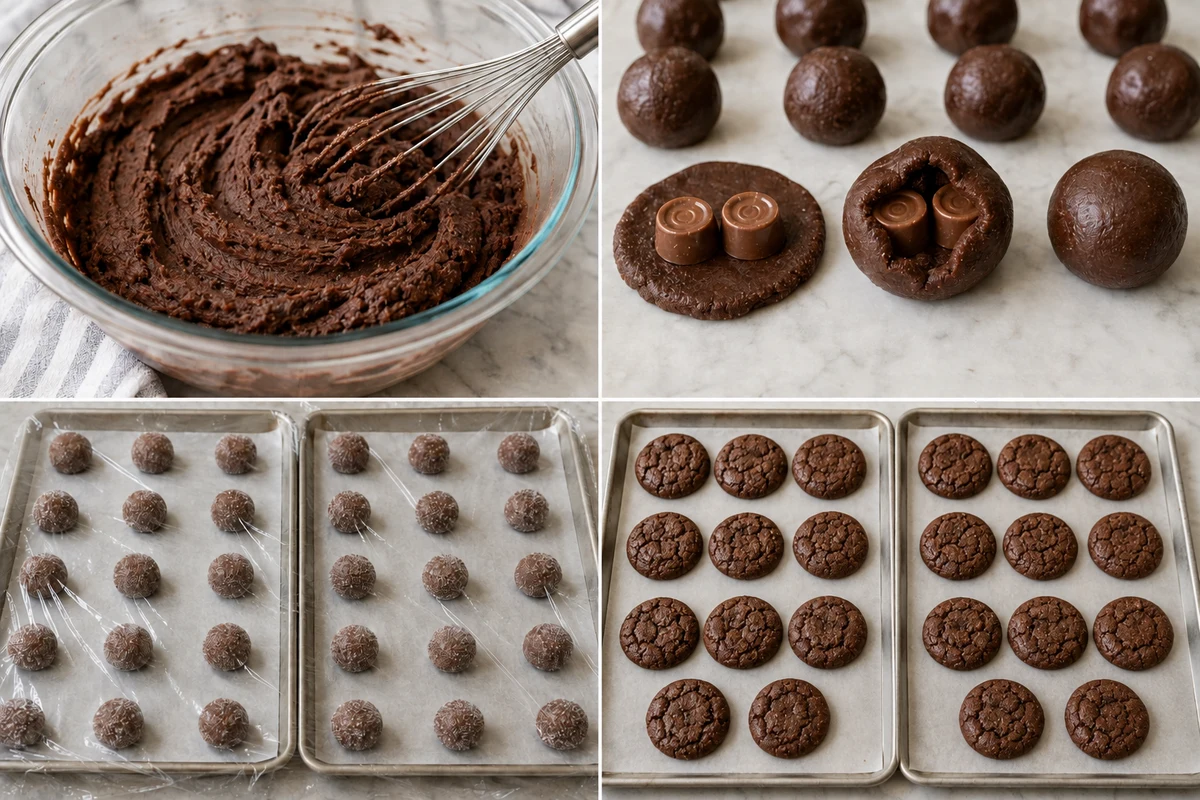Four stages showing cocoa dough mixed, two Rolos enclosed, chilled balls, and 22 baked cookies