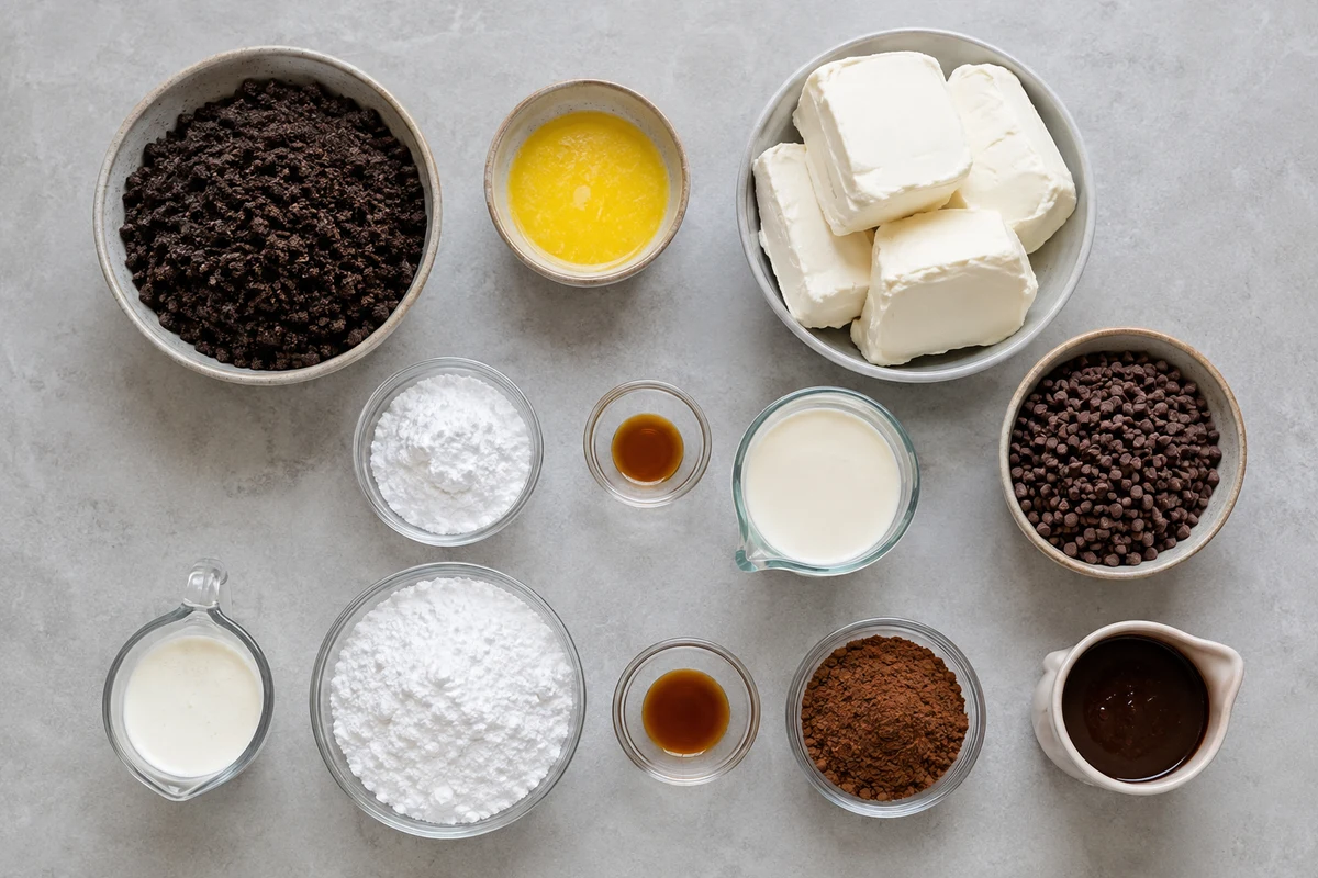 Oreo crumbs, butter, cream cheese, powdered sugar, cream, vanilla, cocoa, mini chips, and chocolate sauce