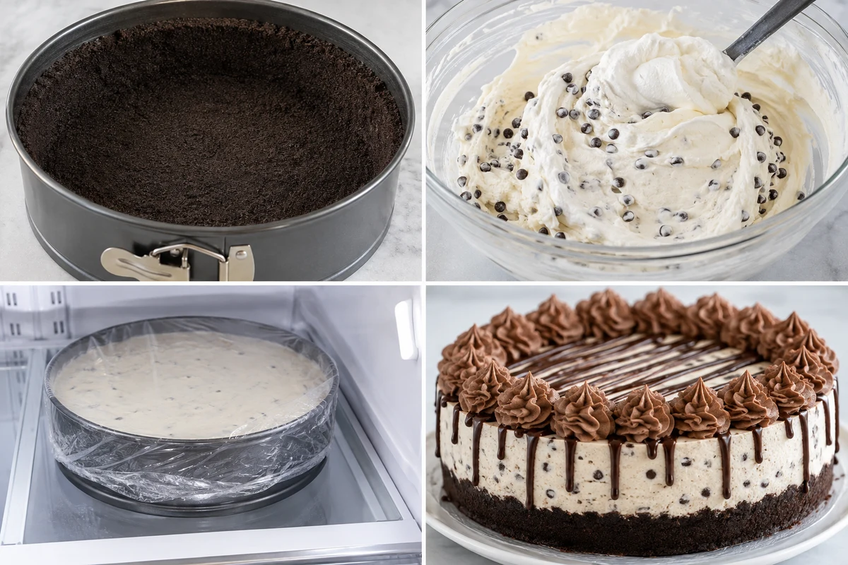Four stages showing Oreo crust, chocolate-chip filling, refrigerator chilling, and decorated no-bake cheesecake