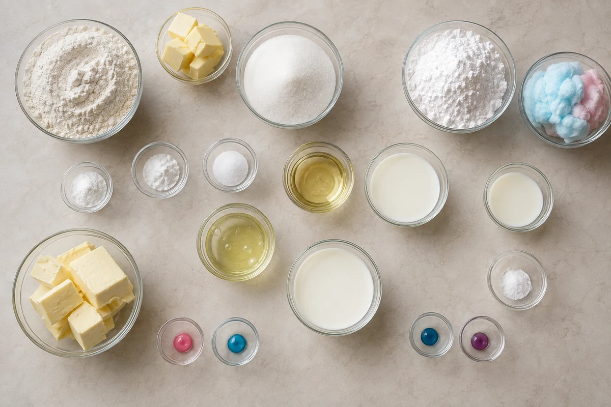 Cake flour, leaveners, sugar, butter, egg whites, oil, buttermilk, flavoring, gel colors, and cotton candy