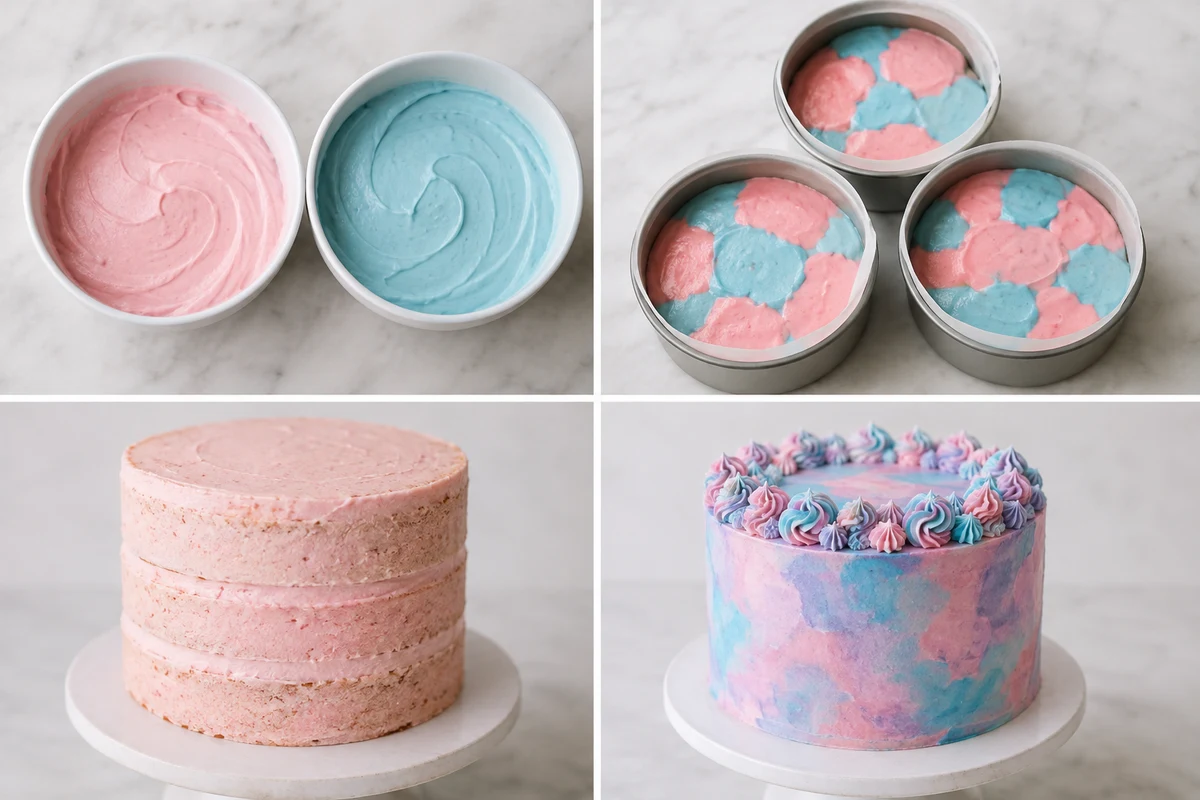 Four stages showing pink and blue batter, filled pans, stacked crumb-coated layers, and watercolor frosting
