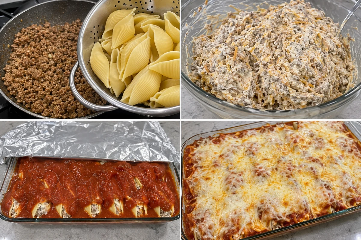 Four stages showing cooked shells, creamy beef filling, sauced stuffed shells, and baked melted cheese