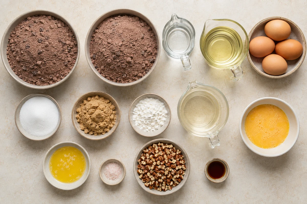 Triple chocolate brownie mix ingredients with sugars, corn syrup, butter, eggs, vanilla, and pecans