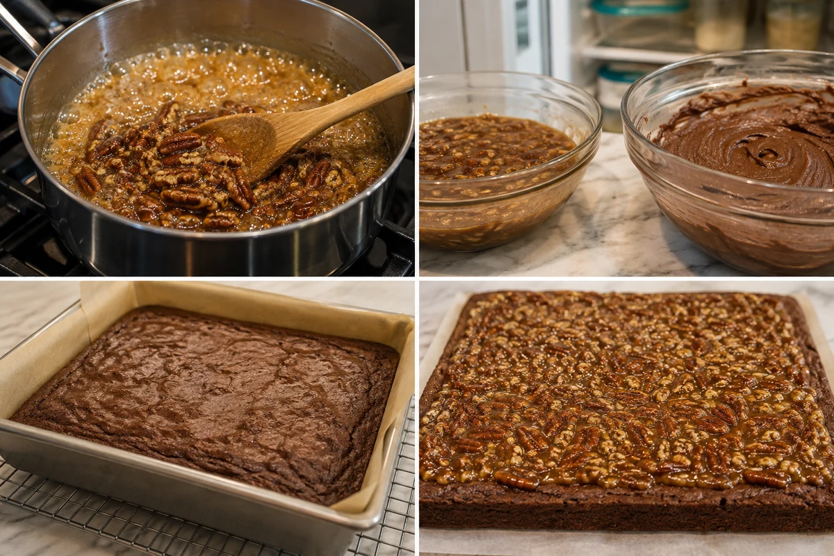 Four stages showing pecan topping cooked and chilled, brownie batter baked, and topping spread over the slab
