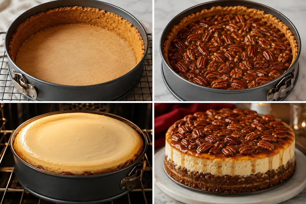 Four stages showing baked graham crust, pecan filling, cheesecake baking, and caramel pecan topping